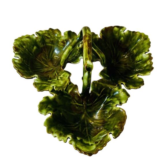 Vintage MCM Style 3 Leaves Handled Candy Dish Greens Browns Mullins Ceramics‎ KY - Picture 1 of 7